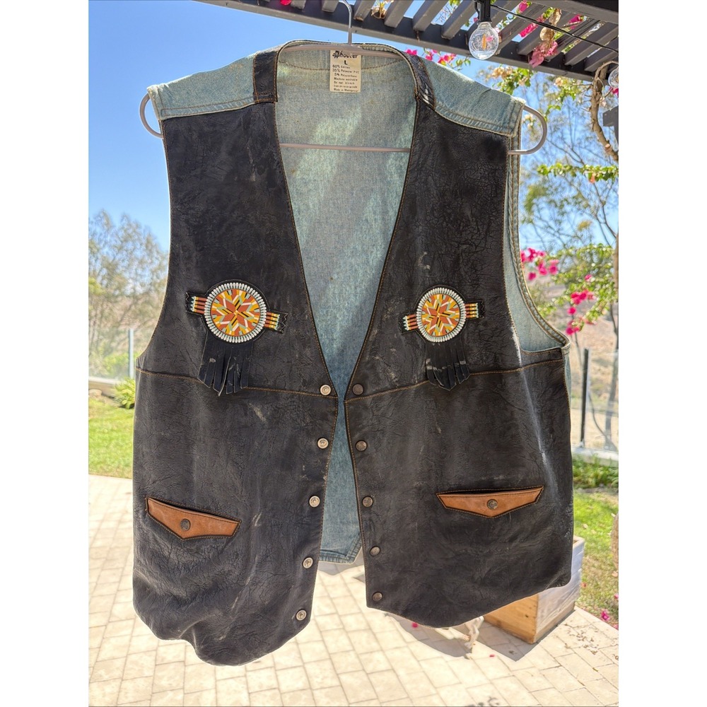 Vintage Shooter Brand Leather Style /Denim Vest Aztec Western Country